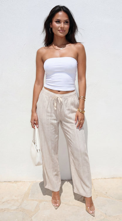Marlow Striped Linen Wide Leg Pants - Beige