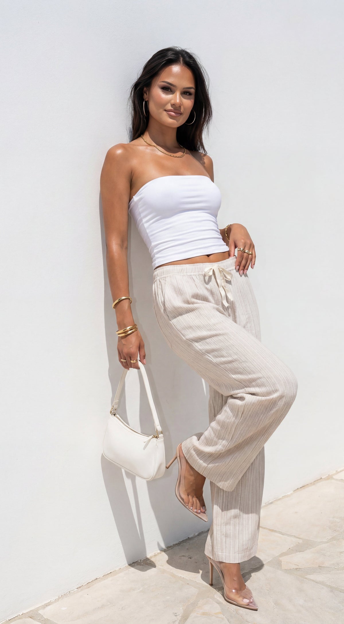 Marlow Striped Linen Wide Leg Pants - Beige