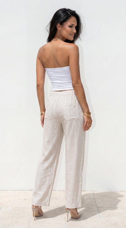 Marlow Striped Linen Wide Leg Pants - Beige