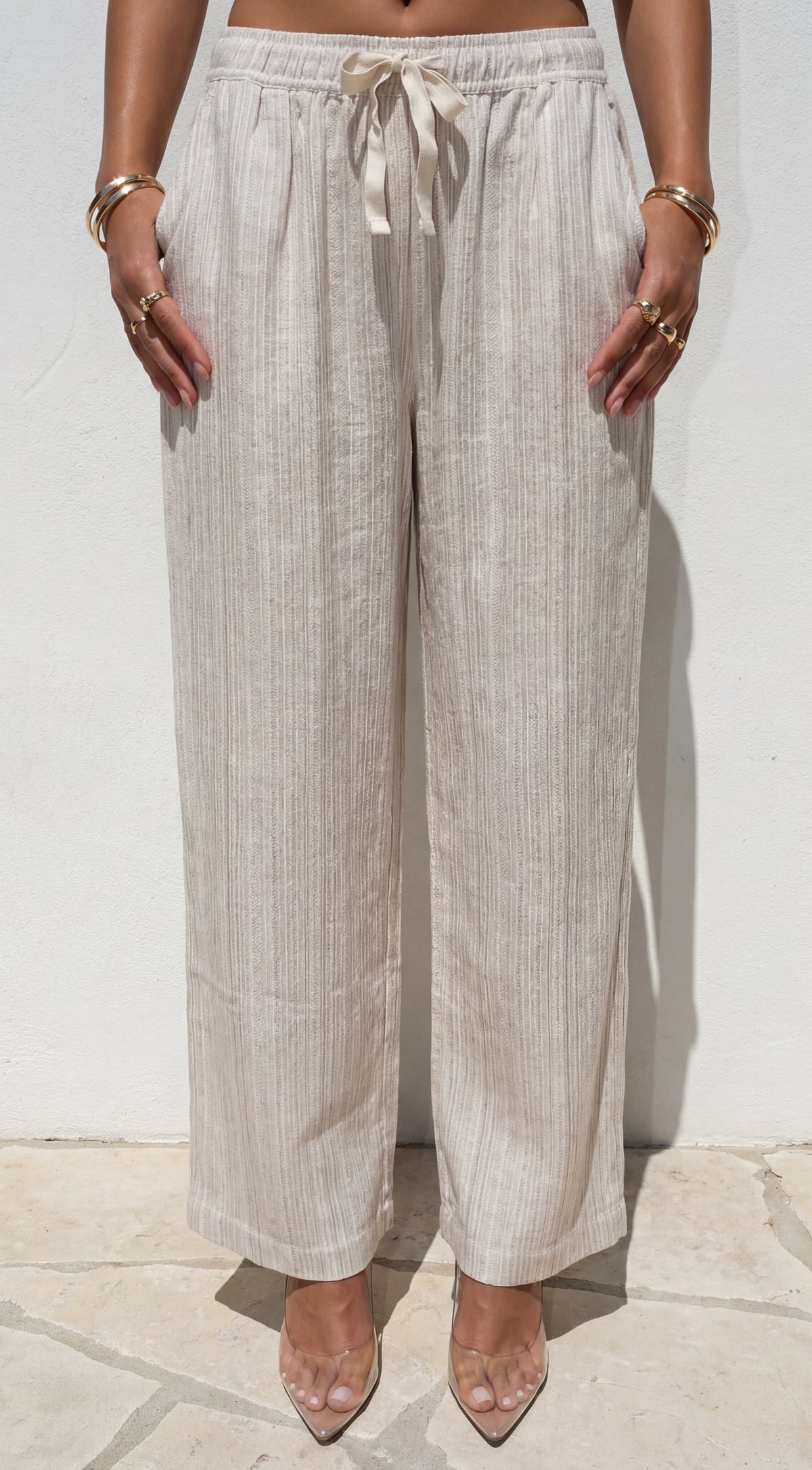 Marlow Striped Linen Wide Leg Pants - Beige