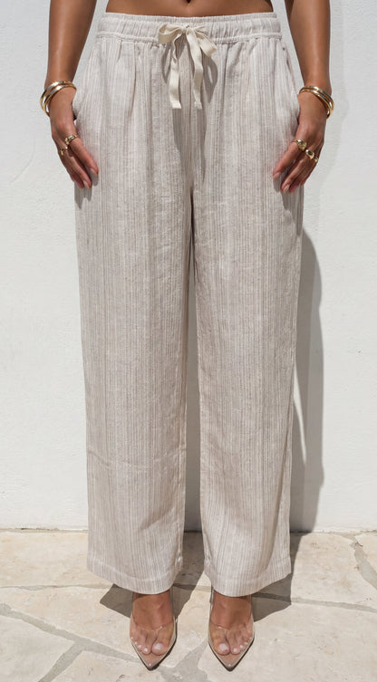 Marlow Striped Linen Wide Leg Pants - Beige