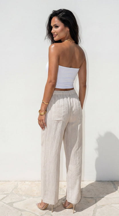 Marlow Striped Linen Wide Leg Pants - Beige