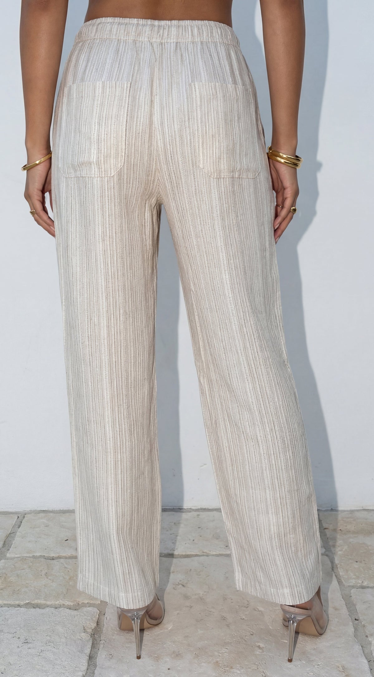 Marlow Striped Linen Wide Leg Pants - Beige