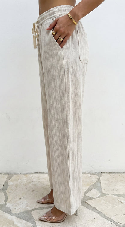 Marlow Striped Linen Wide Leg Pants - Beige
