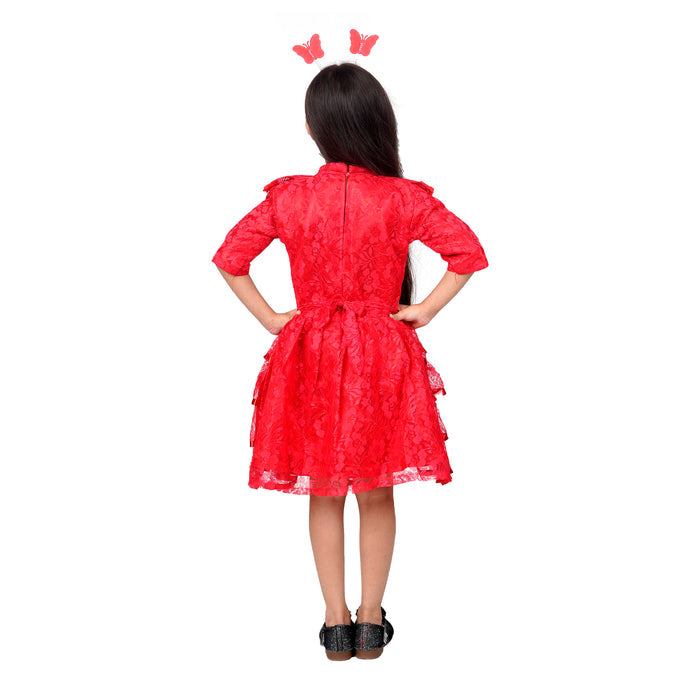 Itsmycostume Net Casual Knee Length Cute Frill Fairy Red Frock Dress  for Girls Kids