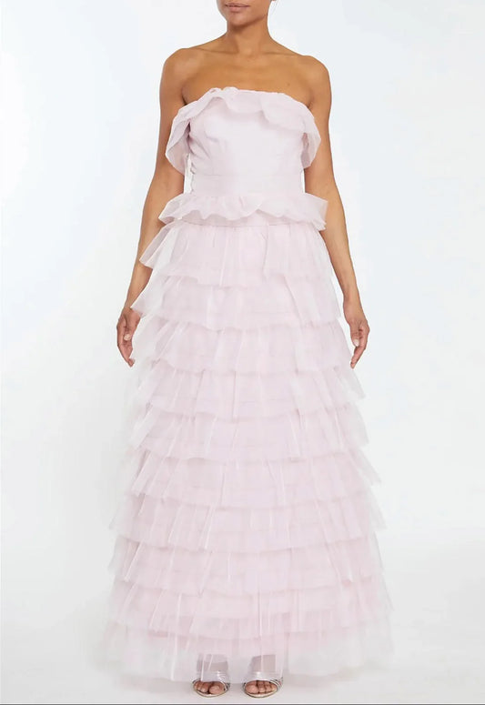 True Decadence Kennedy Pale Pink Tiered Ruffle Bandeau Maxi Dress