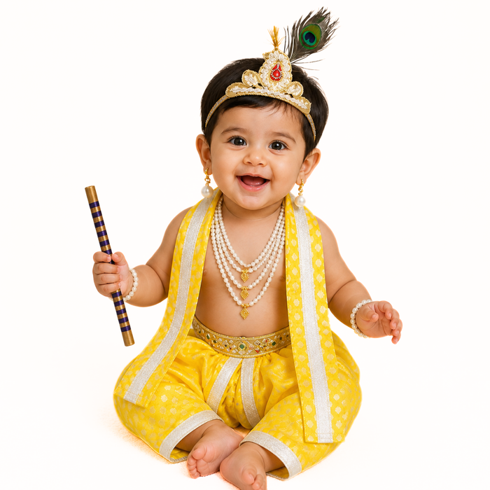 Krishna Dress for Baby Boy Kids Set of 10 Little Krishna Ji Kanha Janmasthmi Costume for Kids (IMC19000-YYYELLOWW)
