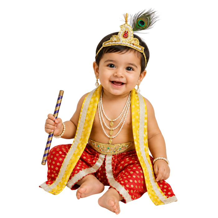 Krishna Dress for Baby Boy Kids Set of 10 Little Krishna Ji Kanha Janmasthmi Costume for Kids (IMC19000-Rred)