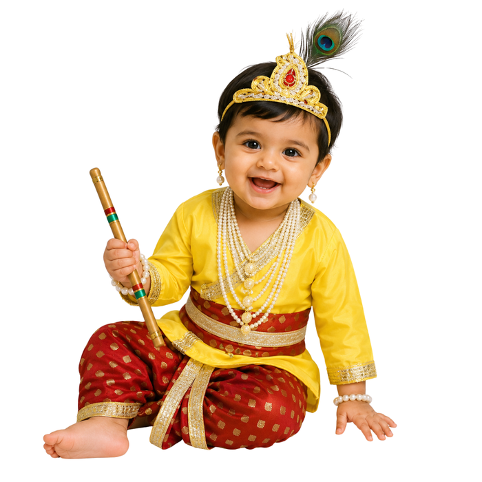 Krishna Dress for Baby Boy Kids Set of 10 Little Krishna Ji Kanha Janmasthmi Costume for Boys Kids (IMC20000-Rredboti)
