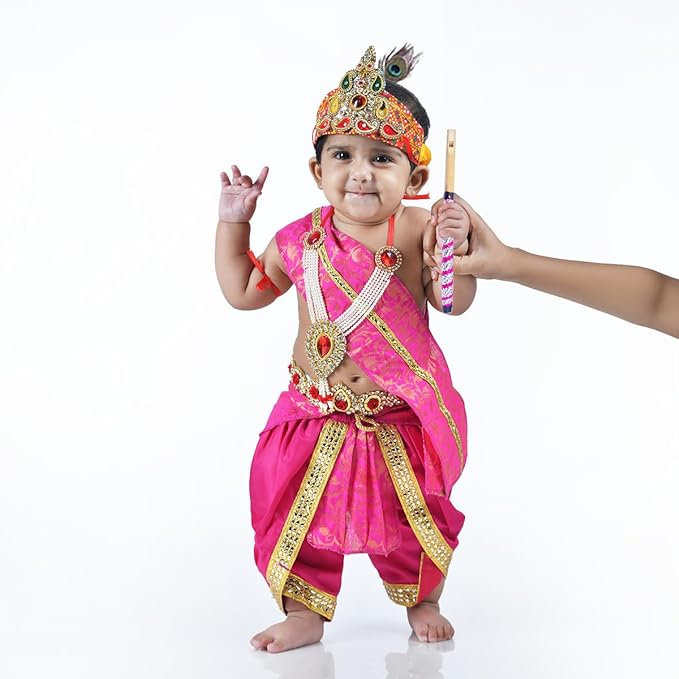 Krishna Dress for Baby Boy Kids Set of 10 Little Krishna Ji Kanha Janmasthmi Costume for Kids (IMC45001-Magenta)