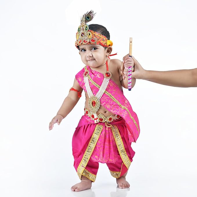 Krishna Dress for Baby Boy Kids Set of 10 Little Krishna Ji Kanha Janmasthmi Costume for Kids (IMC45001-Magenta)