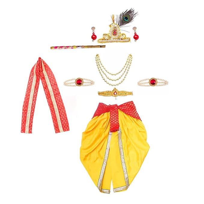 Krishna Dress for Baby Boy Kids Set of 10 Little Krishna Ji Kanha Janmasthmi Costume for Kids (IMC45001-Redyel)