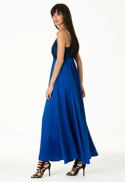 Lady Flare Blue Satin Maxi Dress