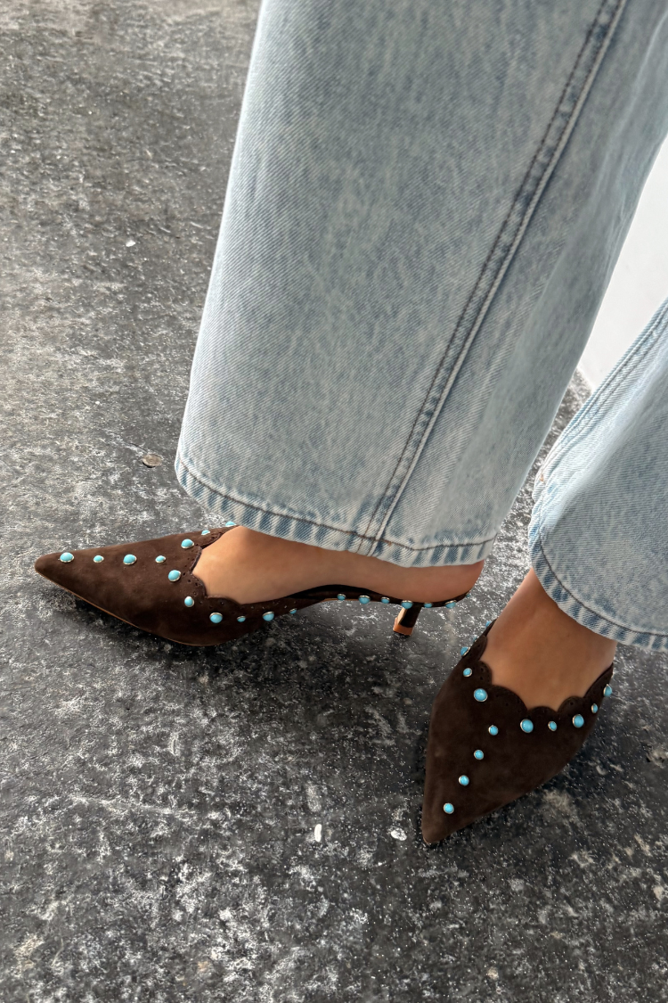 Chocolate Suede Mules with Turquoise Studs