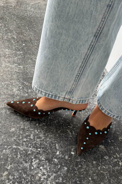 Chocolate Suede Mules with Turquoise Studs