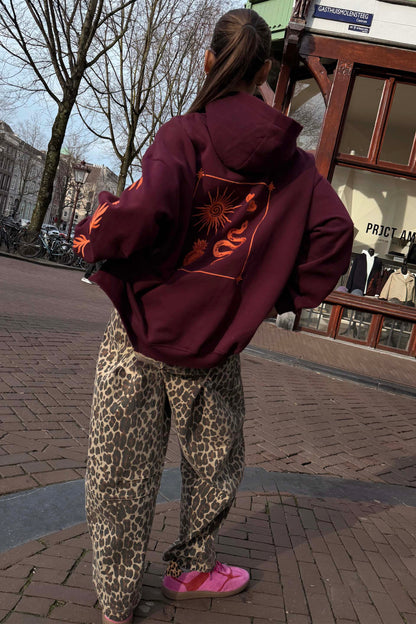 Burgundy Hoodie with Coral Embroidery