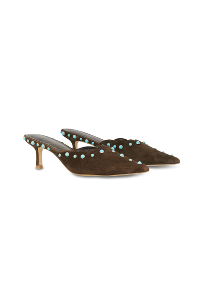 Chocolate Suede Mules with Turquoise Studs
