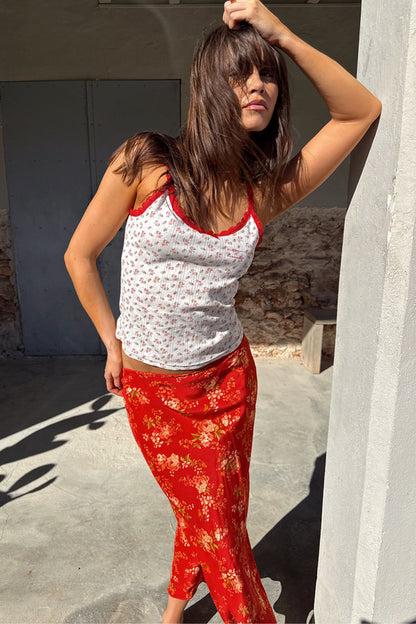 Red Floral Midi Skirt