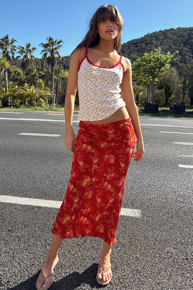 Red Floral Midi Skirt