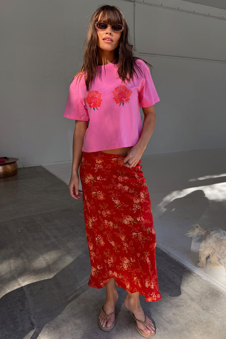 Red Floral Midi Skirt