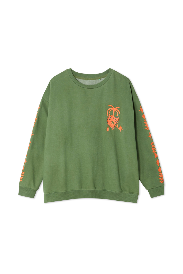 Khaki Sweatshirt with Orange Embroidery