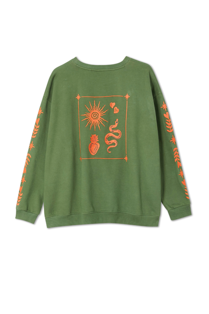 Khaki Sweatshirt with Orange Embroidery