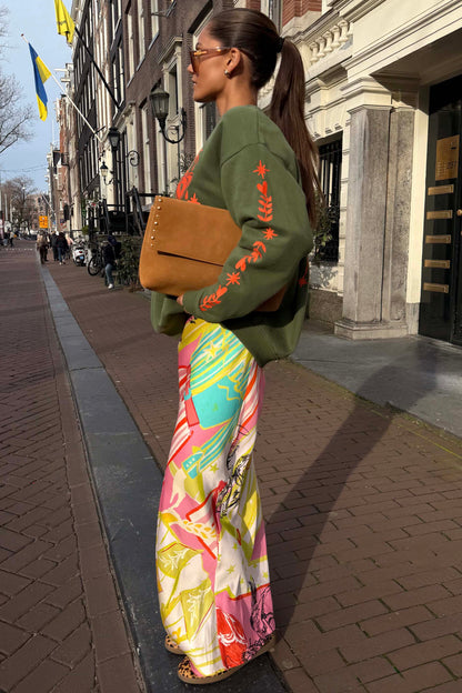 Khaki Sweatshirt with Orange Embroidery