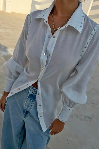 White Studded Tie Back Shirt