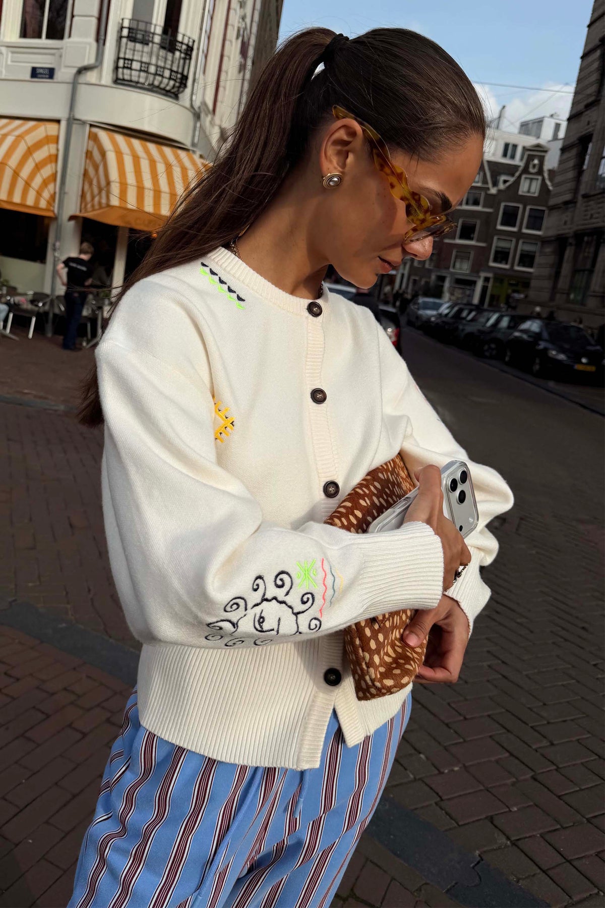 Cream Neon Embroidered Darcy Cardigan