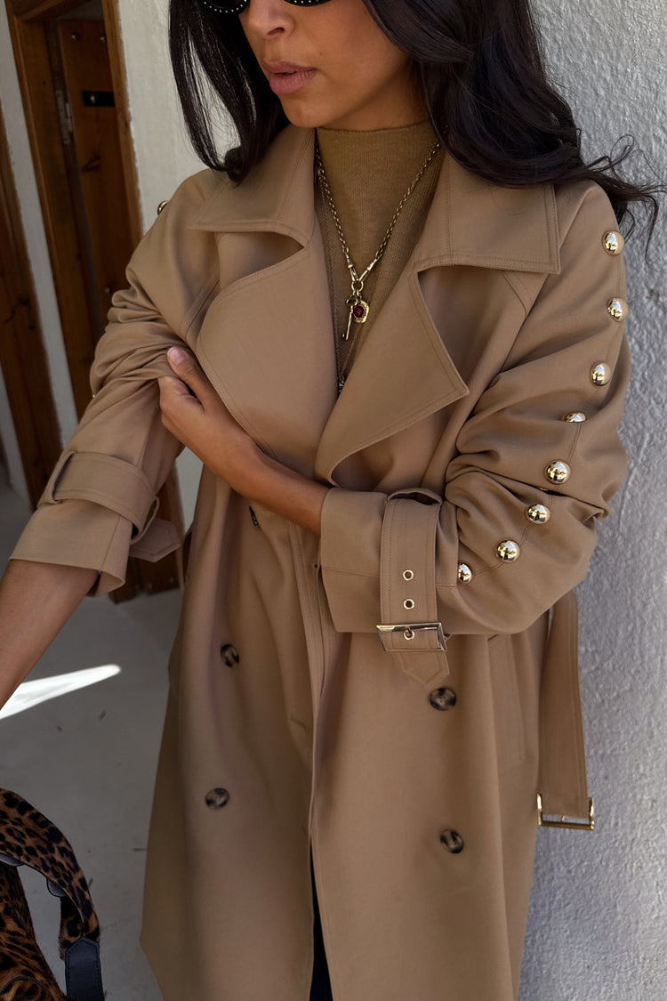 Tan Trench Coat with Gold Studs