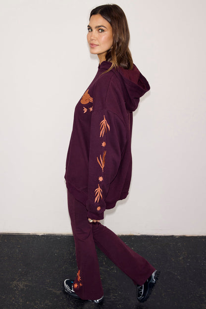 Burgundy Hoodie with Coral Embroidery