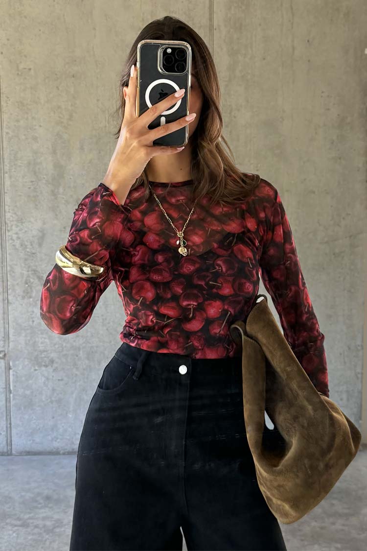 Cherry Mesh Long Sleeve Top