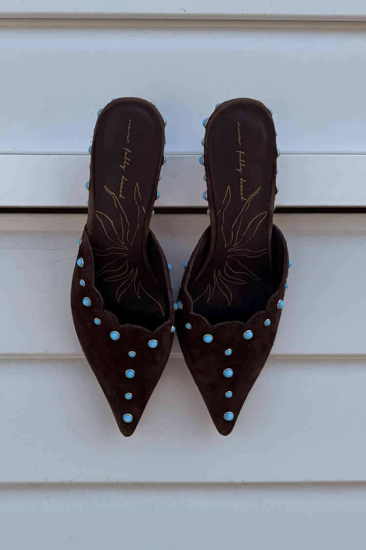 Chocolate Suede Mules with Turquoise Studs