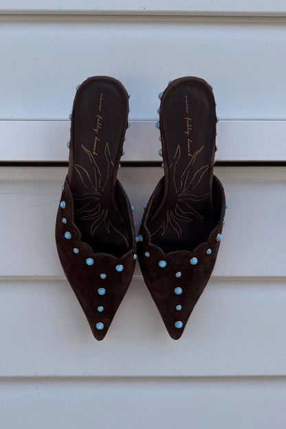 Chocolate Suede Mules with Turquoise Studs