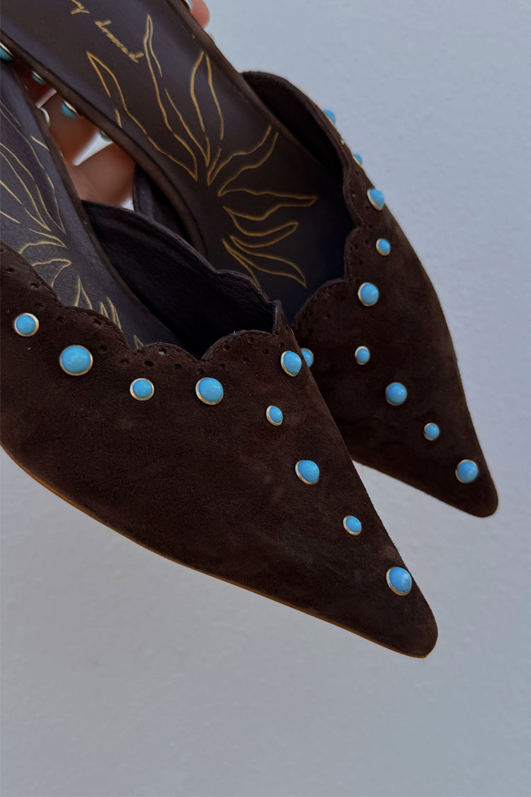 Chocolate Suede Mules with Turquoise Studs