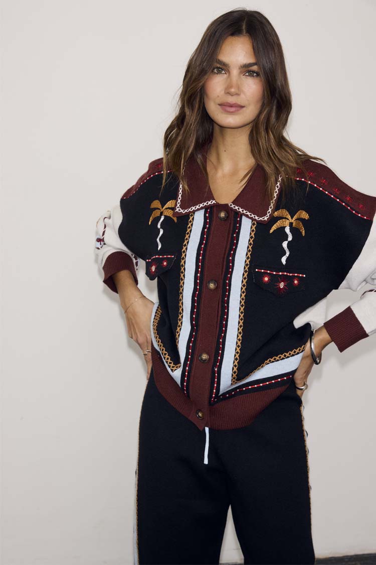 Geometric Knit Cardigan with Embroidery Detail