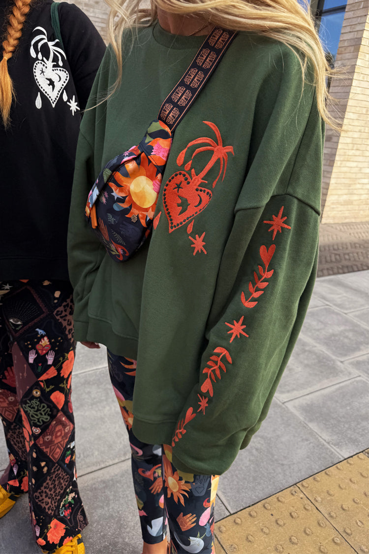 Khaki Sweatshirt with Orange Embroidery
