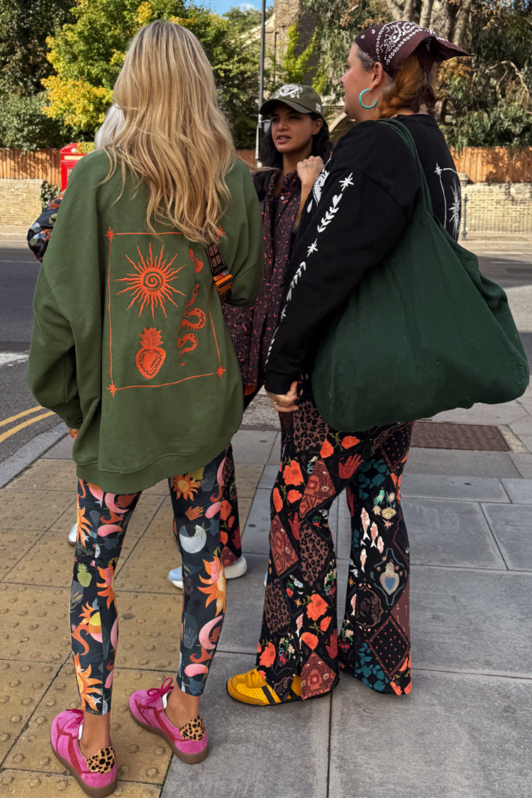 Khaki Sweatshirt with Orange Embroidery