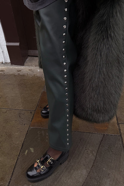 Bottle Green Studded Vegan Leather Trousers