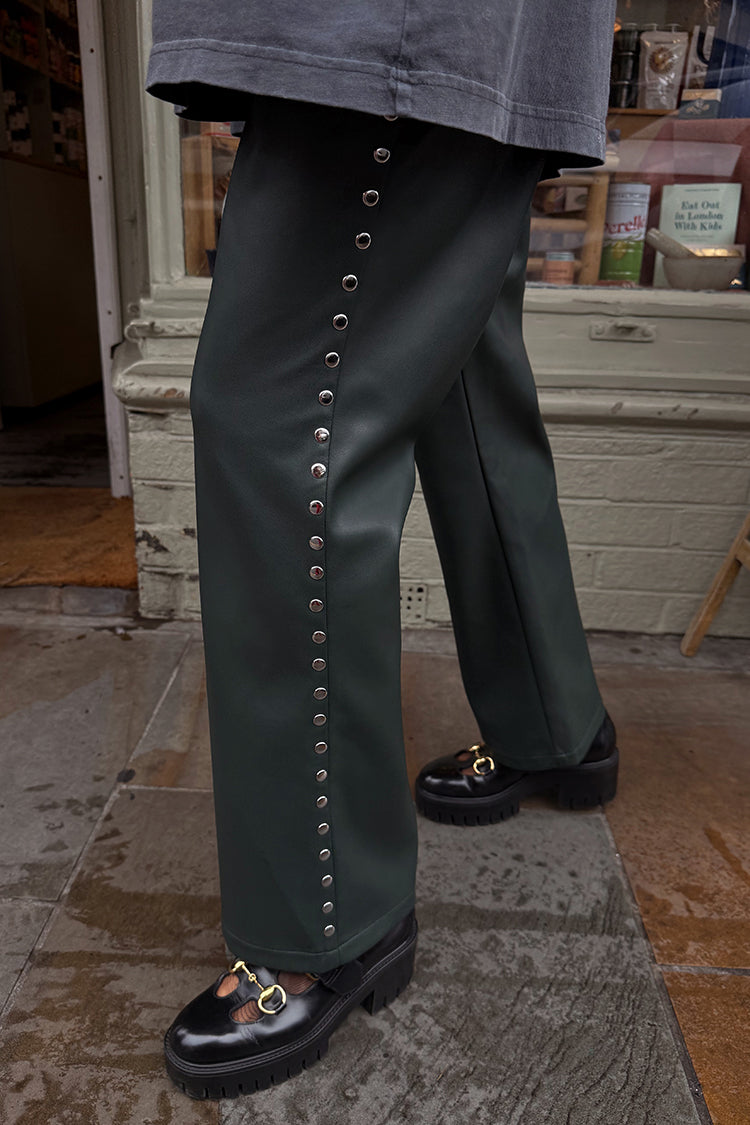 Bottle Green Studded Vegan Leather Trousers