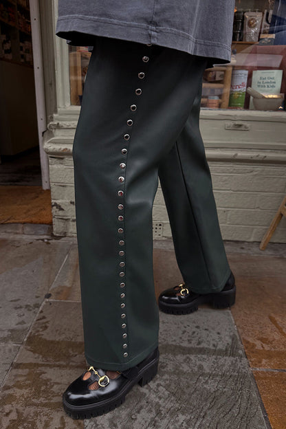 Bottle Green Studded Vegan Leather Trousers
