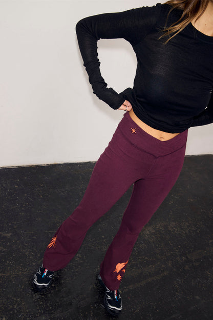 Burgundy Cotton Wide Leg Pants with Coral Embroidery
