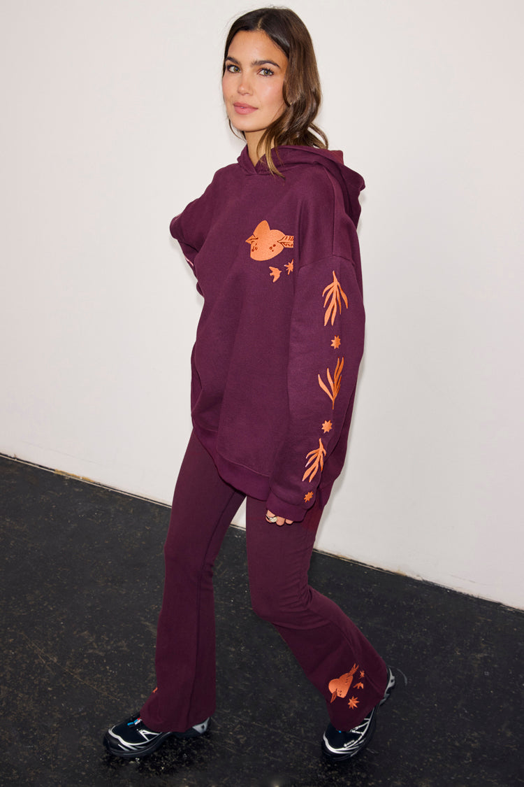 Burgundy Hoodie with Coral Embroidery