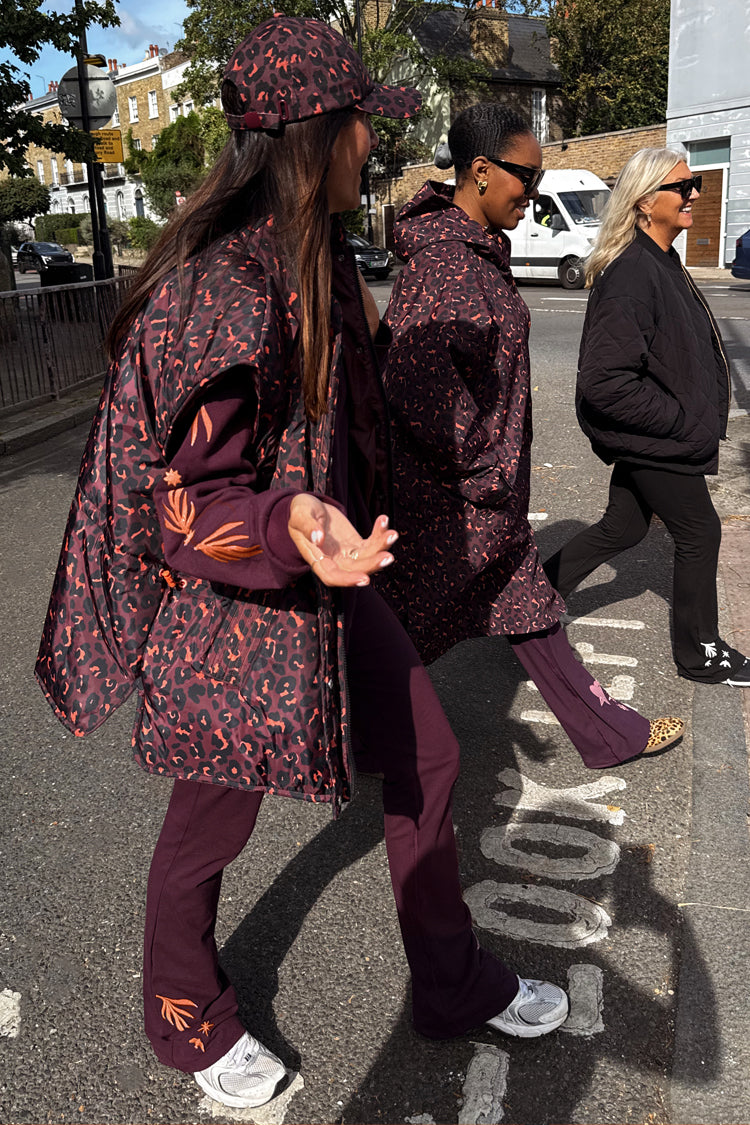 Burgundy Cotton Wide Leg Pants with Coral Embroidery