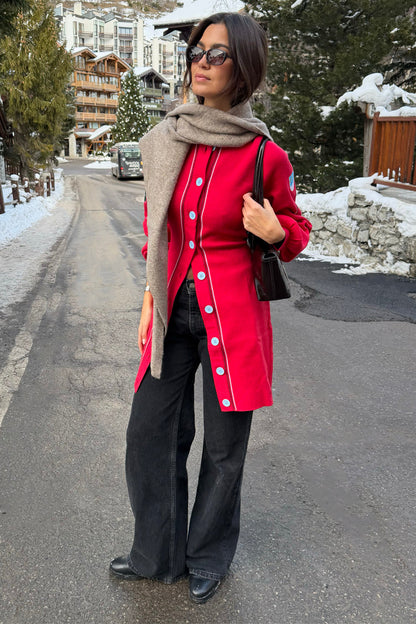 Red Ski Knit Long Cardigan
