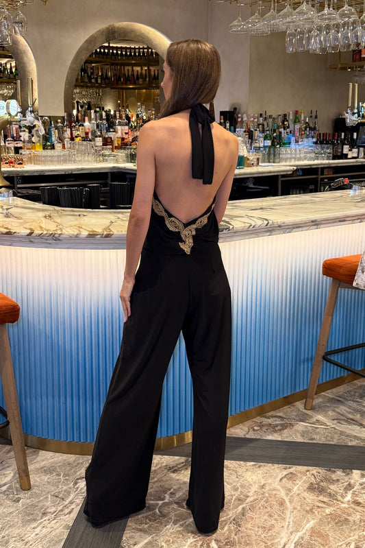Honor Gold Black Sasha Backless Wide Leg Jumpsuit With Gold Leaf Trim