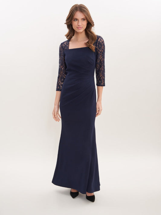 Gina Bacconi Navy Una Maxi Dress With Lace Sleeves